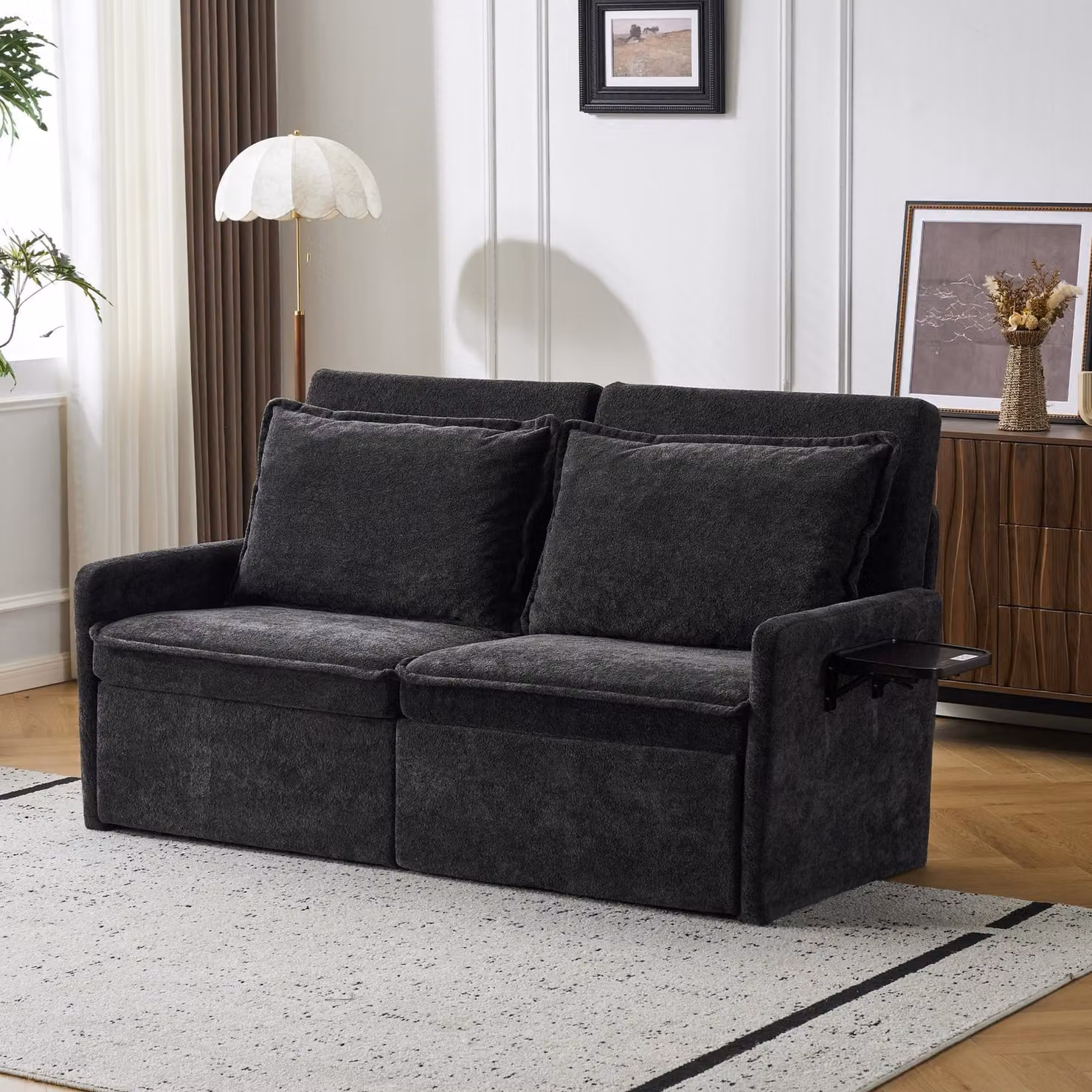 Divano letto con cuscini e porta USB, schienale regolabile in 5 posizioni, divano letto pieghevole con spazio contenitore, colore nero