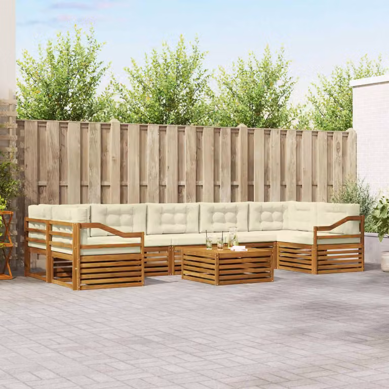 Set di divani da esterno vidaXL 8 pz in legno di acacia con cuscini beige e bianco per giardino e terrazza