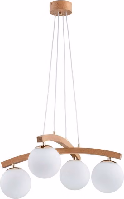 Lampada sospesa scandinava Alfa con 4 sfere bianche in legno e vetro, attacco E14