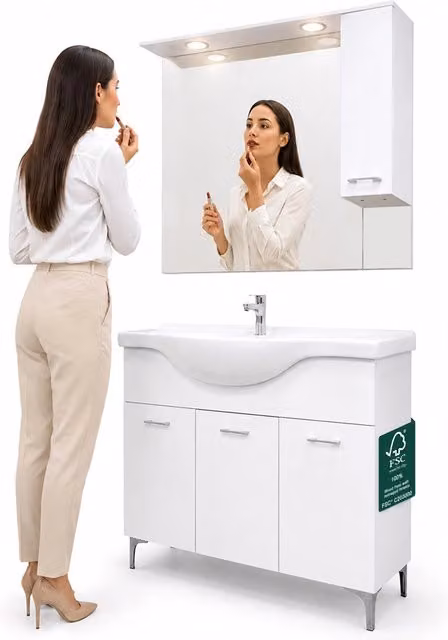 Set Completo Mobile da Bagno da Terra 101cm Tre Ante Bianco Specchio e Accessori