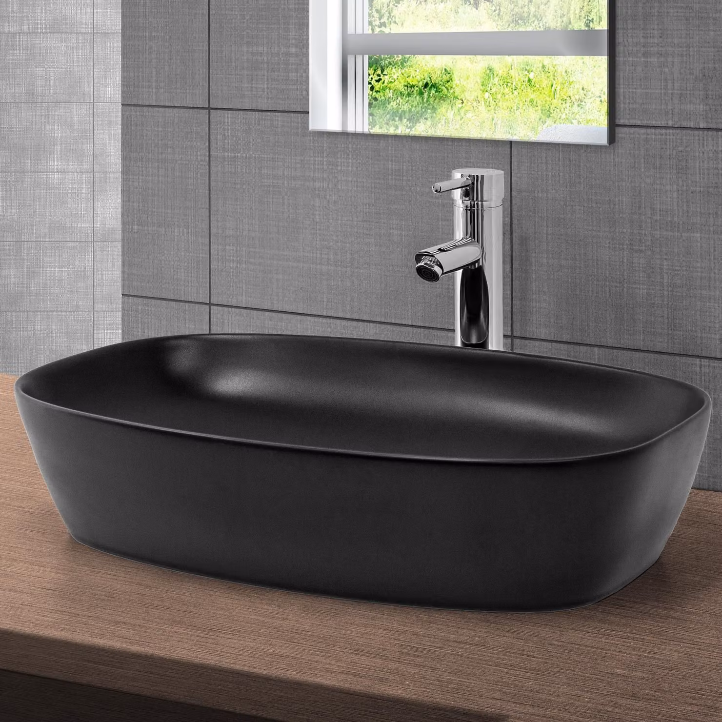 LuxeBath Lavabo da appoggio Square, 60,5x38,5x14 cm, nero opaco, in Vetroceramica