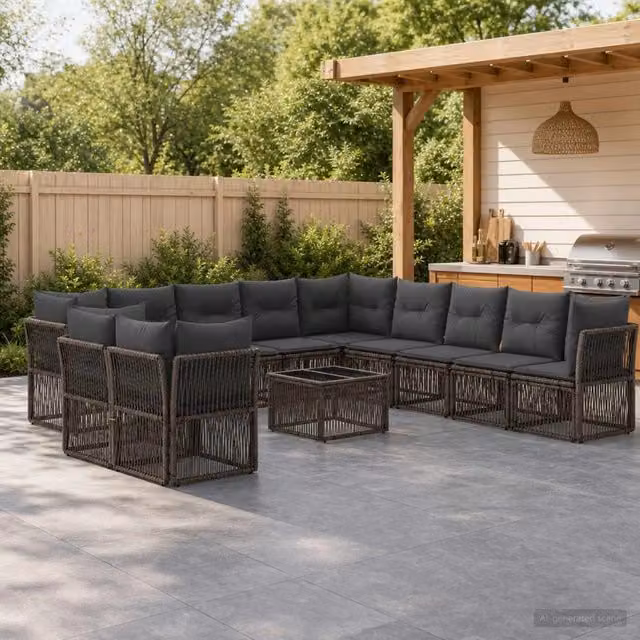 Set Divano da Giardino a L con Tavolino vidaXL, Grigio, 12 Pezzi con Cuscini e Struttura in Metallo e Polyrattan – 1