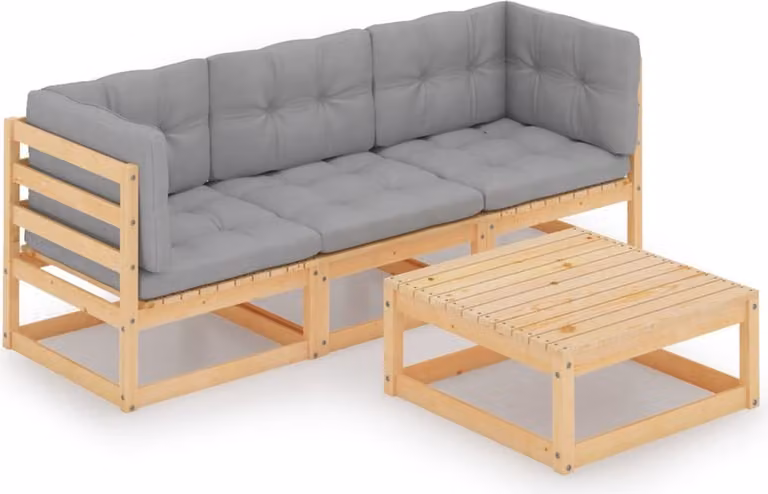 The Living Store Set da giardino 4 pezzi con cuscini in legno di pino massiccio