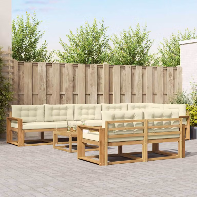 vidaXL Set di divani da esterno a forma di U composto da 9 pezzi con tavolo da caffè, in legno di acacia e tessuto bianco e beige