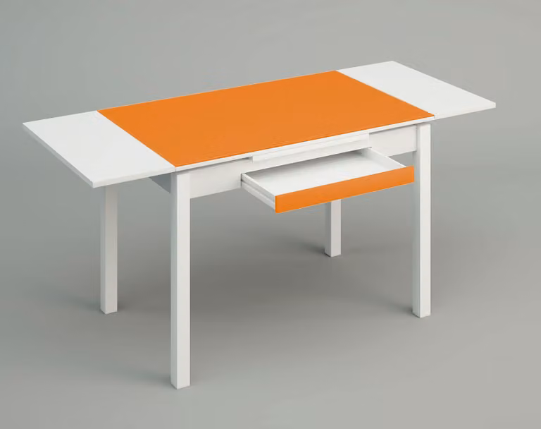 Tavolo allungabile, piano in vetro arancione, struttura in metallo, dimensioni 100x60 cm
