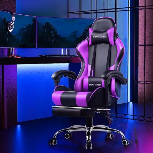 GTPLAYER Sedia da gioco con poggiapiedi e cuscino lombare massaggiante Sedia da ufficio Sedia da gioco Sedia da gioco ergonomica con braccioli collegabili fino a 150 kg di portata Viola