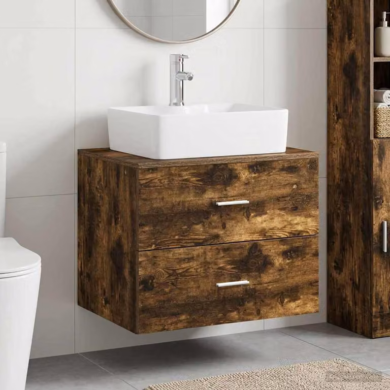 Set di mobili per il bagno moderno vidaXL in legno MDF color rovere fumo marrone con cassetti e ante, sospeso, L: 62,5 cm, P: 44,5 cm, H: 50,0 cm