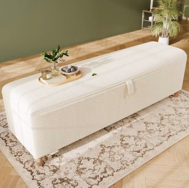 Panca contenitore moderna in corduroy e legno beige con apertura idraulica L: 200 cm, P: 38 cm, H: 46 cm