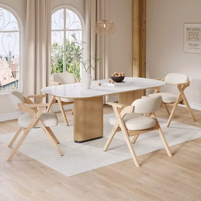 Set da 4 sedie pieghevoli REDOM in legno massello laccato e lino beige con braccioli in stile scandinavo