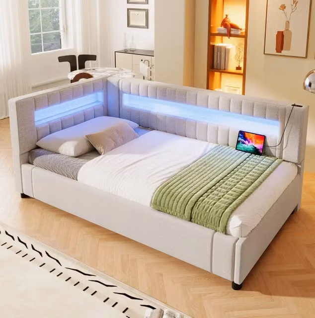 Letto da giorno 90 x 200 cm con contenitore idraulico; LED; USB e Type-C; lino beige