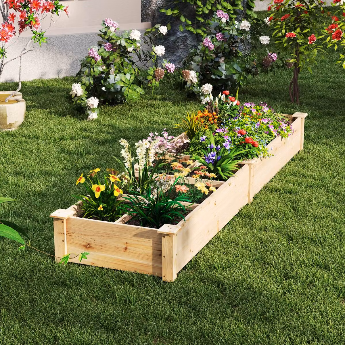 Costway Lettino da giardino elevato in legno marrone con 2 fioriere e separatori per orto e piante ornamentali