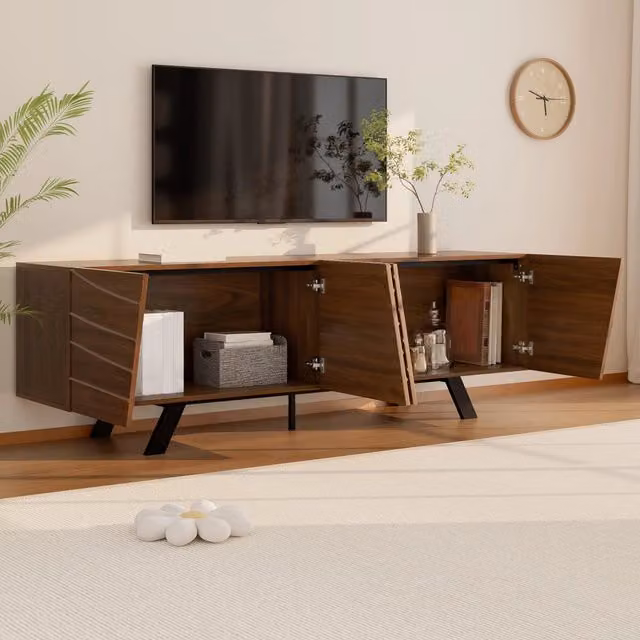 Mobile TV con frontale ondulato 3D e passacavi in MDF color noce con gambe in ferro nero 160 × 39 × 50;5 cm