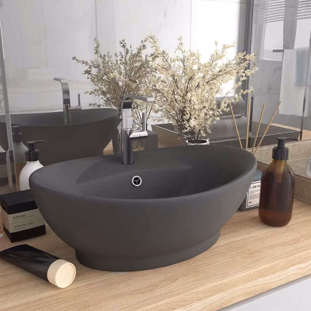 Lavabo da appoggio ovale in ceramica vidaXL, Grigio scuro opaco, L: 58,5 cm, P: 39 cm – 1
