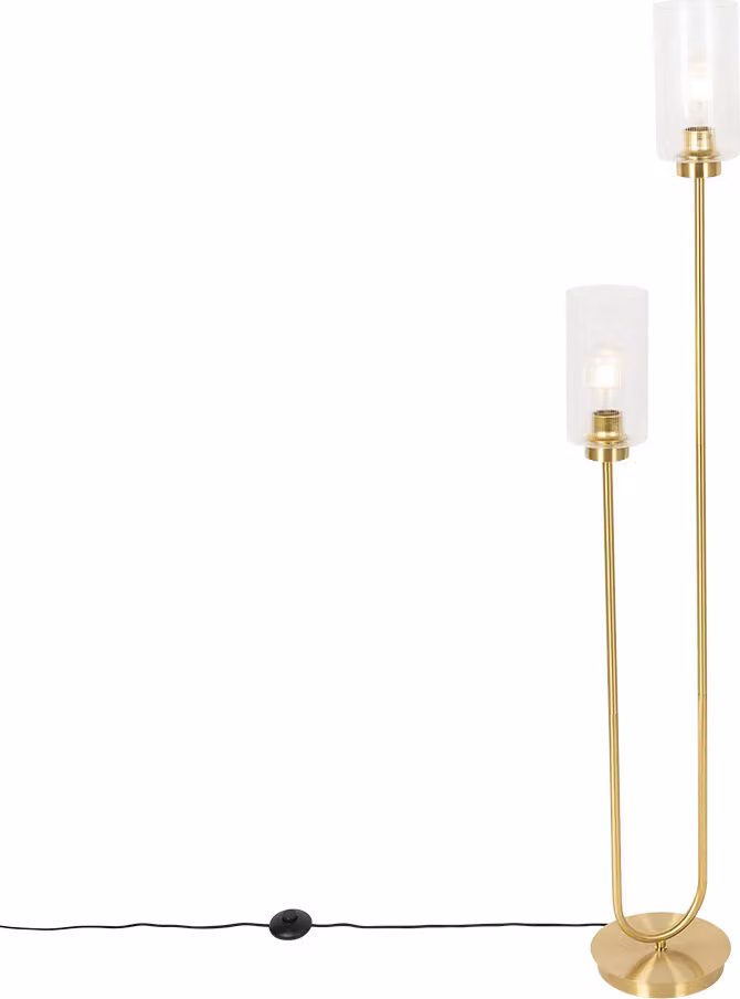 Lampada da terra Art Déco dorata con vetro a due luci Laura