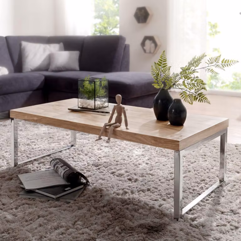FineBuy Tavolino in legno massiccio di acacia 120x60x40 cm - Tavolo rettangolare da soggiorno con base a slitta cromata - Design industriale fatto a mano