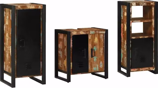 vidaXL Set di mobili da bagno sospesi 3 pz in legno e metallo multicolore e nero – 2