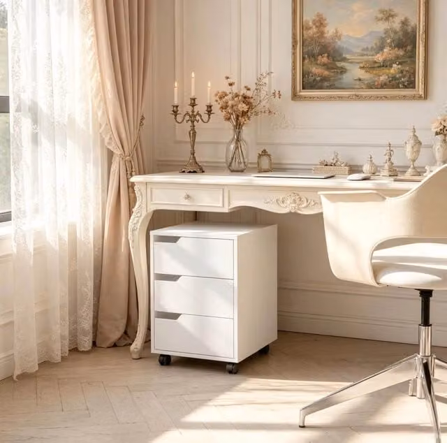 Cassettiera ufficio ULEVR 40x50x57,5 cm con 3 cassetti e 4 ruote con freno, mobile bianco in MDF
