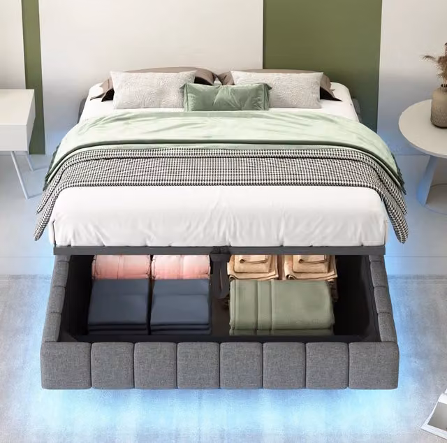 Letto imbottito sospeso 140x200 cm con sistema di sollevamento idraulico e illuminazione LED, senza testiera, tessuto lino grigio
