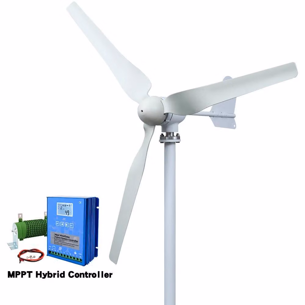 Turbina eolica orizzontale da 5000 W - Generatore eolico SM3-5000 - Regolatore di carica ibrido - Sistema a 12 V - 3 pale - Avvio a 2 m/s - Lega di alluminio - Bianco