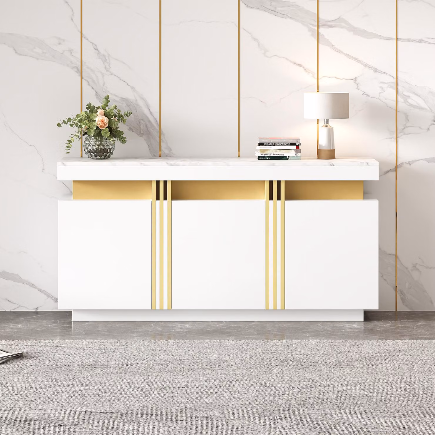 credenza bianca 140×38×70 cm con 3 ante e ripiani regolabili