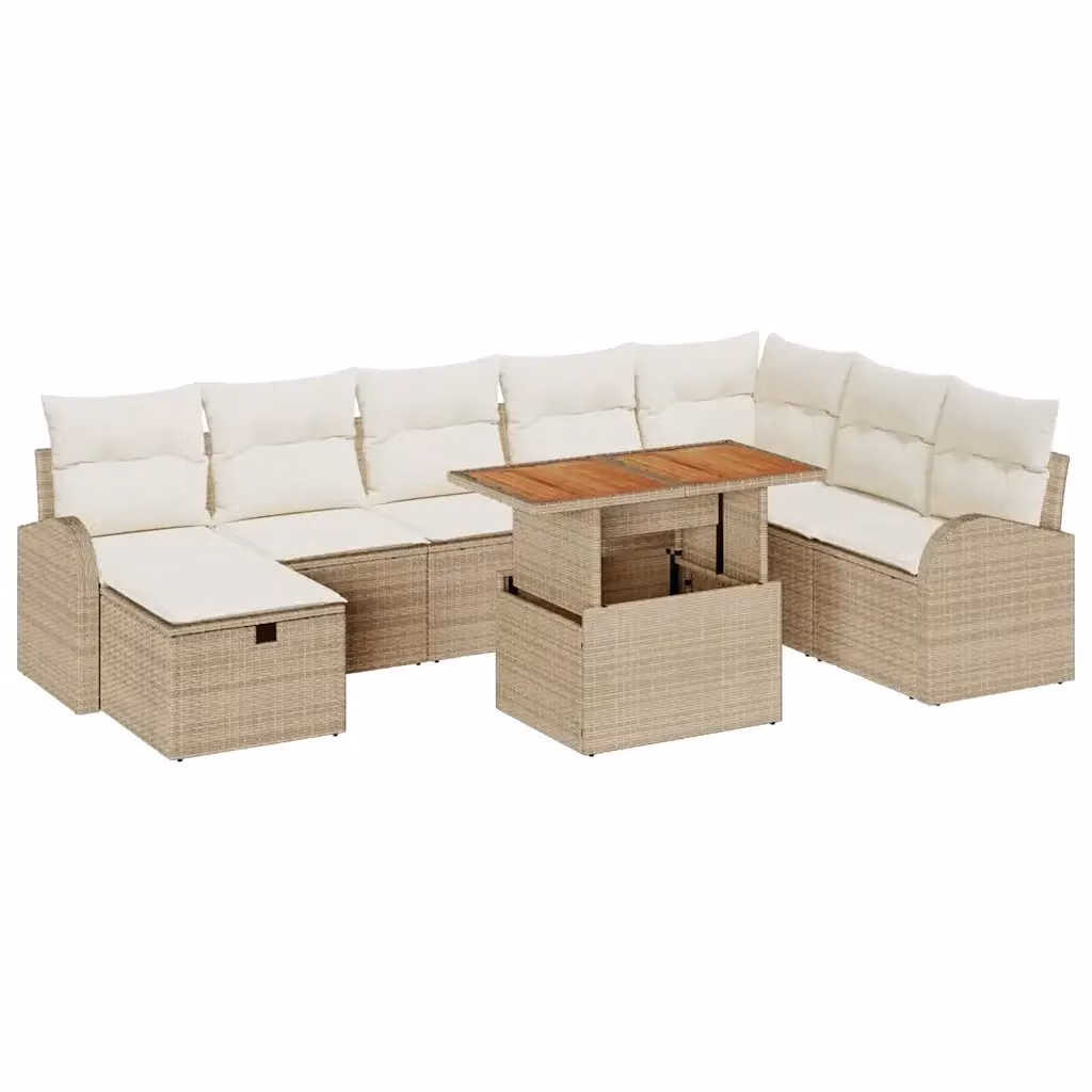 Set Divano da Giardino vidaXL 9 Pezzi a Forma di U Beige con Cuscini e Tavolino da Caffè in Polyrattan e Acciaio – 2