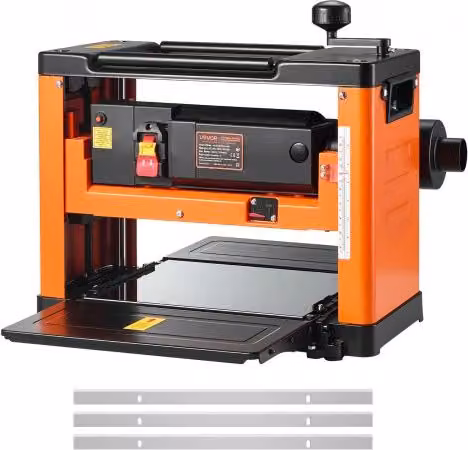 Pialla a spessore da banco VEVOR arancione con 3 lame, larghezza: 33 cm, motore da 2000 W e 23500 giri/min, con doppi rulli e protezione da sovraccarico per legno duro e tenero