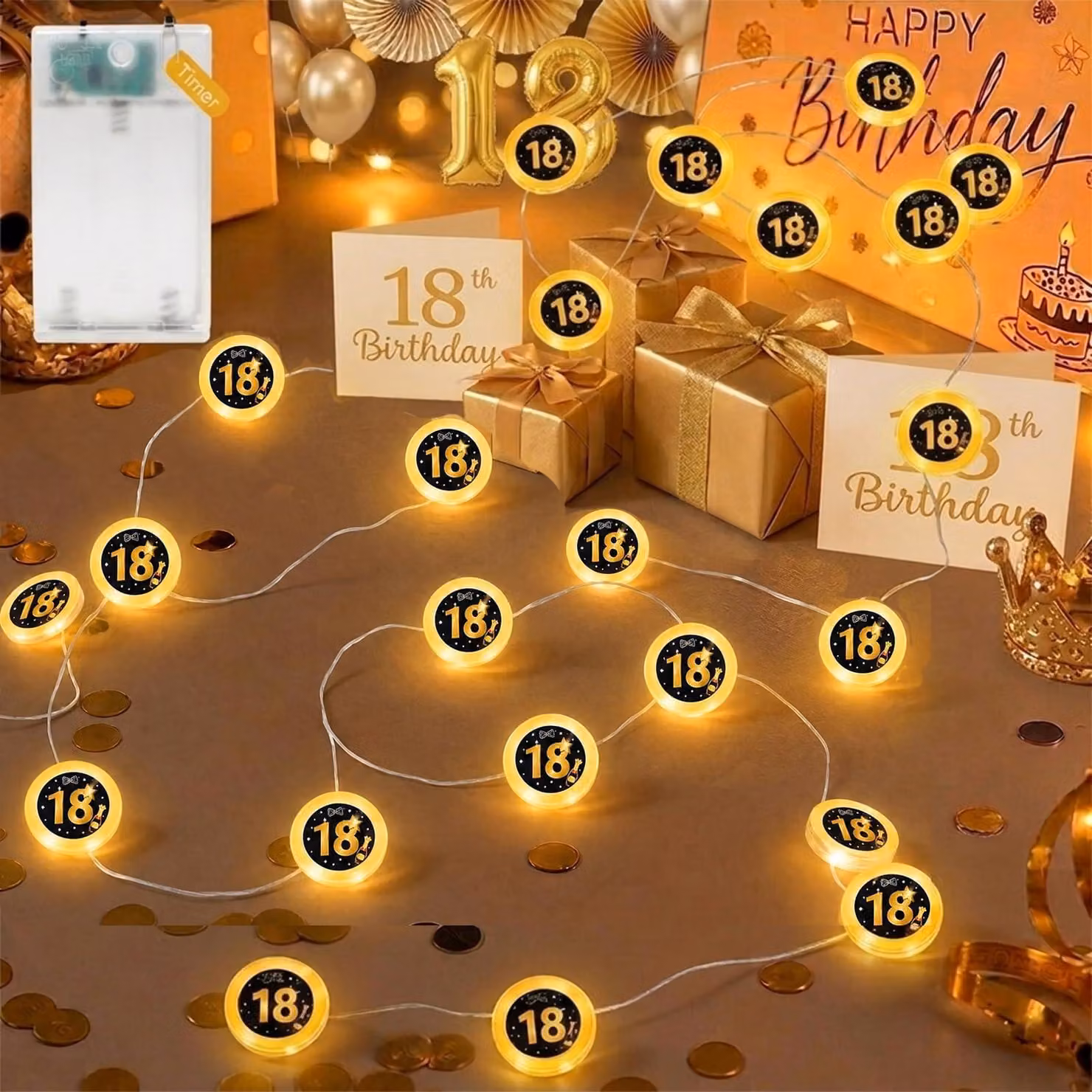 Catena luminosa per il diciottesimo compleanno, 2 metri, 20 LED, con timer, colore nero e oro
