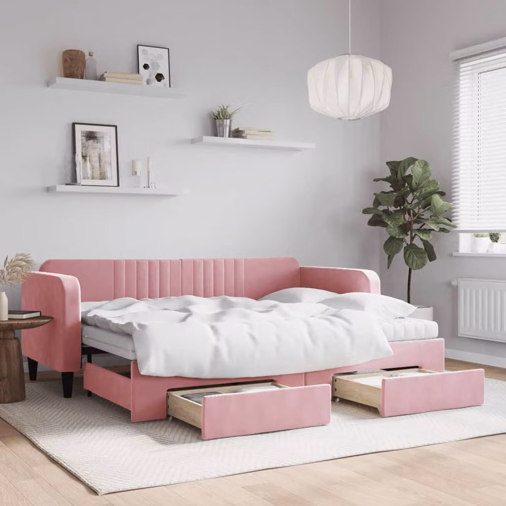 vidaXL Divano Letto Estraibile in Velluto Rosa con Cassetti, L/P/H: 223 x 80 x 90 cm