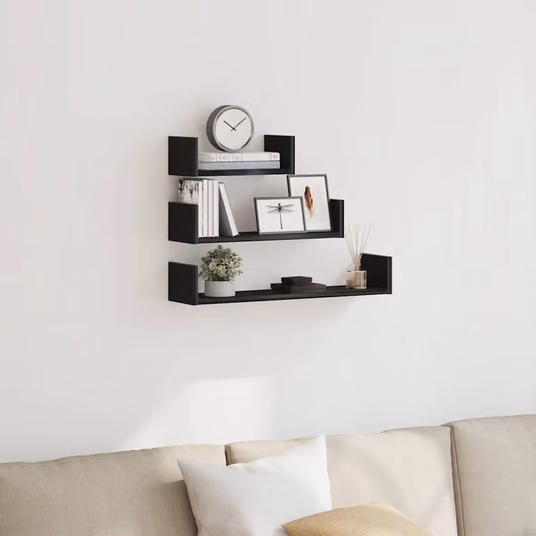 Set di 3 mensole da parete vidaXL in legno multistrato e MDF, colore rovere e nero, design moderno