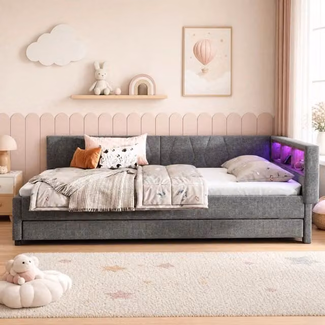 Letto da giorno ULEVR 140x200 cm con letto estraibile, LED multicolore, USB e Type-C, grigio