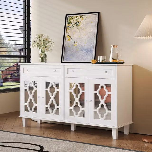 Madia con 4 ante a specchio e 2 cassetti; ripiano regolabile in MDF bianco; maniglie effetto cristallo 140 × 40 × 83 cm