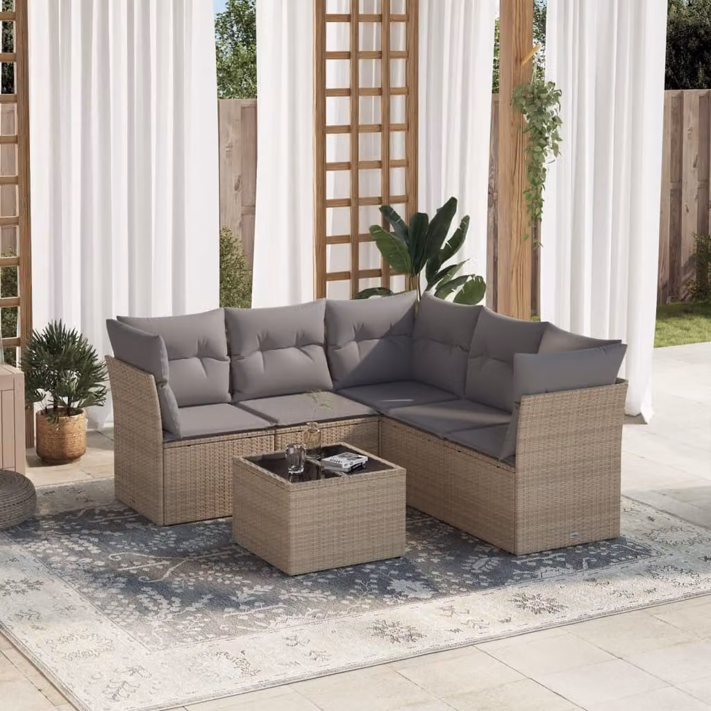 vidaXL Set Divano da Giardino a L 6 pz con Cuscini Beige e Tavolino da Esterno – 1
