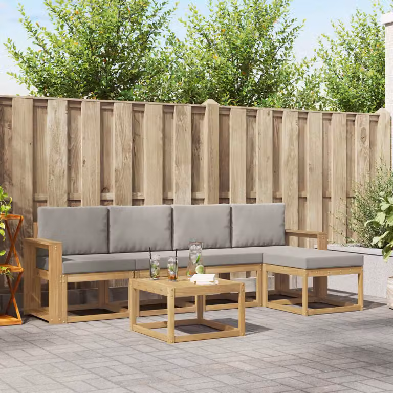 vidaXL Set di divani da esterno a L composto da 6 pezzi con tavolino e pouf, struttura in legno di acacia e cuscini in tessuto bianco, grigio e marrone