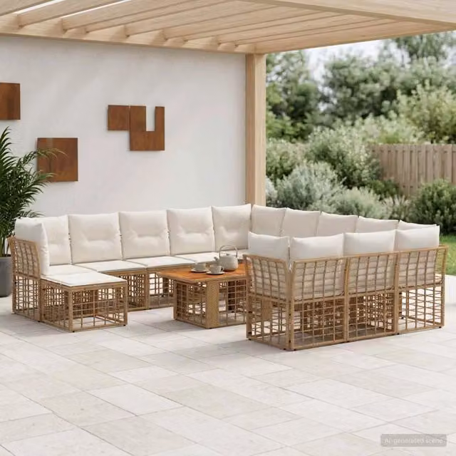 Set Divano da Giardino a Forma a U vidaXL in Polyrattan con Cuscini Beige e Bianco