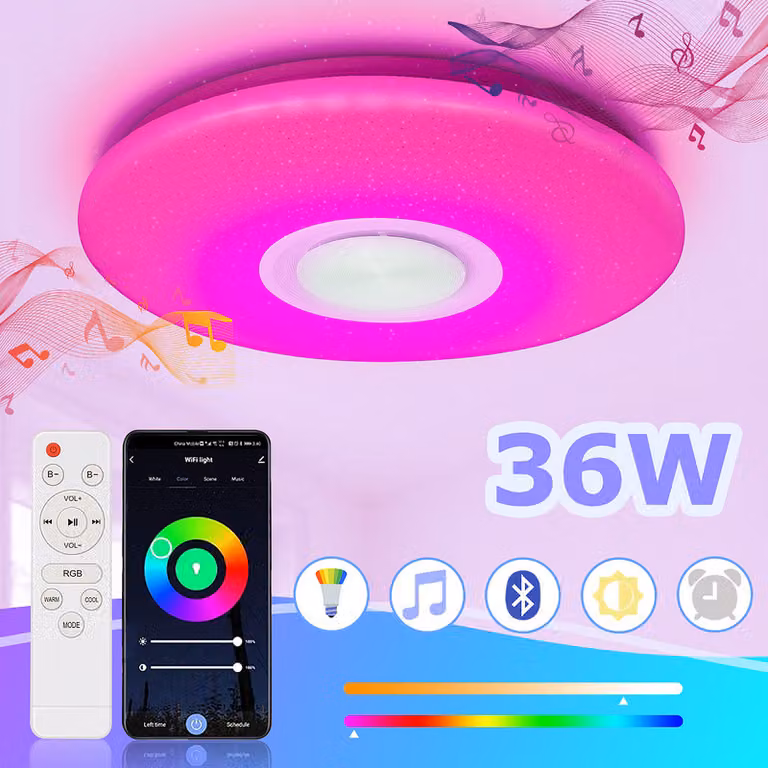 Plafoniera Jopassy 36W LED con diametro di 40 cm, effetto cielo stellato ultrasottile, musica Bluetooth
