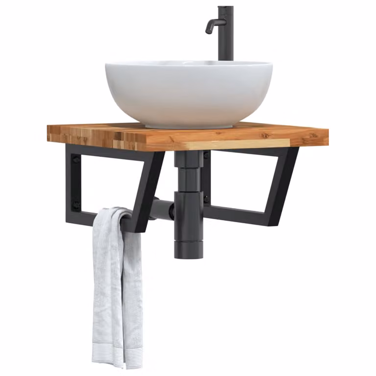 Ripiano a parete per lavabo vidaXL in legno di acacia oliato e metallo, moderno, disponibile in nero, marrone o bianco