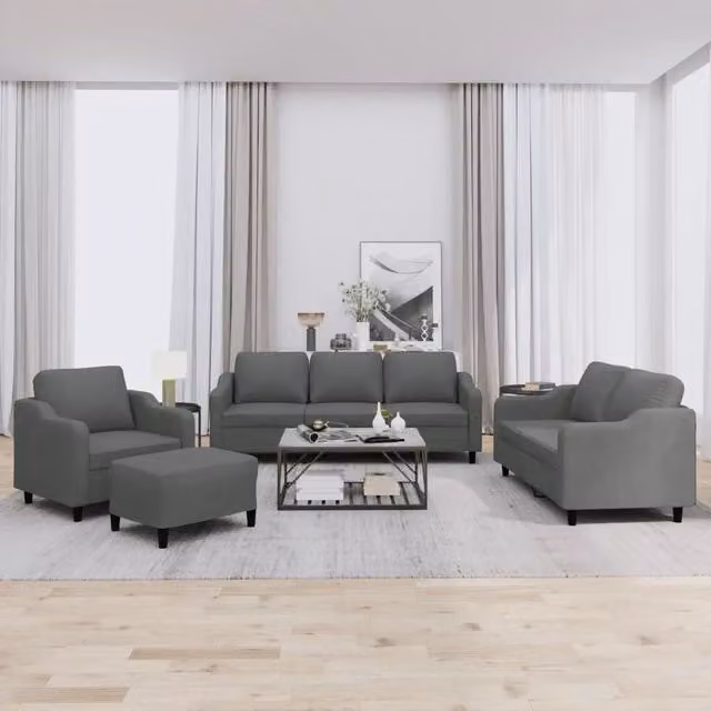 Set di divani moderno vidaXL in tessuto grigio composto da un divano a 3 posti, un divano a 2 posti, un pouf e cuscini coordinati