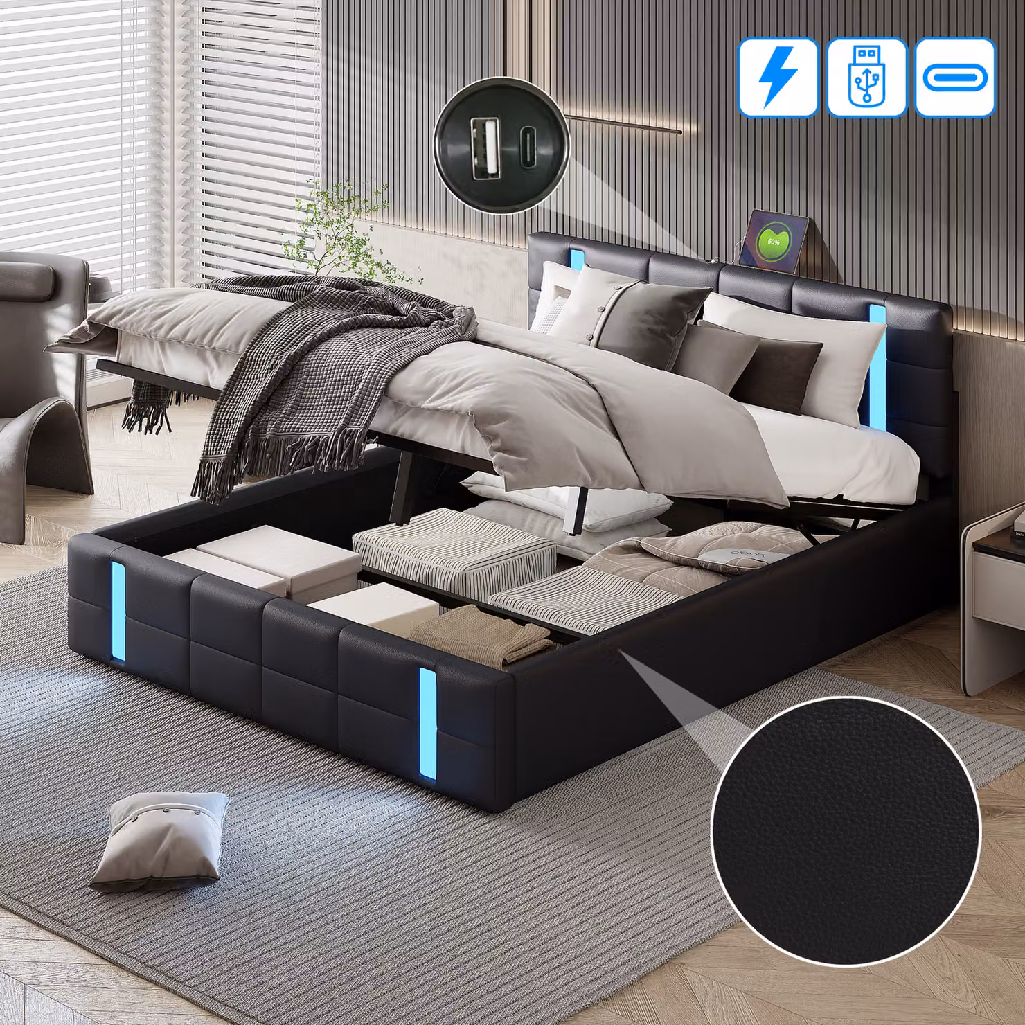 Letto imbottito Fortuna Lai 140x200cm con rete e illuminazione LED, letto a molle idrauliche con testata e rete a doghe, letto matrimoniale in Pelle finta letto contenitore per giovani, nero