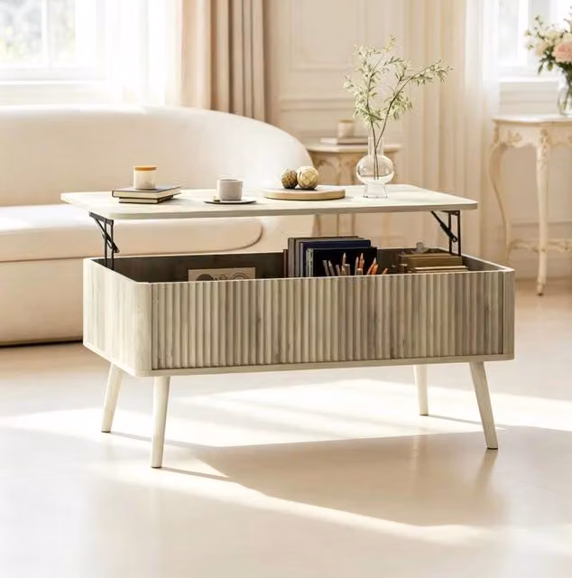 Tavolino da salotto ULEVR 91x56 cm con piano sollevabile e 2 vani nascosti, MDF e legno di pino effetto rovere