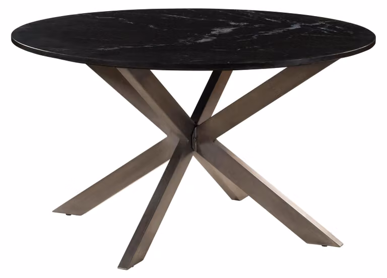 MASSIVMOEBEL24 | Tavolino da salotto in marmo nero - gambe incrociate in ferro colore ottone antico 137x137 BARCELONA #407