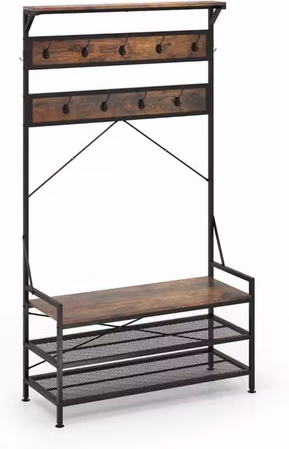 Appendiabiti a albero 4-in-1 Design Mania con 11 ganci e panca scarpiera a 2 ripiani, stile industriale, Marrone e Nero