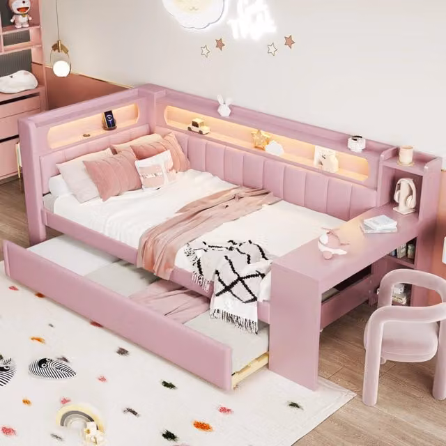 Letto da giorno imbottito ULEVR 90x200 cm con letto estraibile 90x190, scrivania, LED a 7 colori e USB, rosa