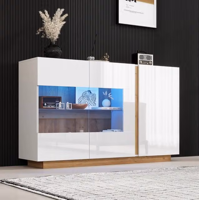 Credenza bianca lucida con ante in vetro temperato e luci LED, 138x38,5x90,5 cm