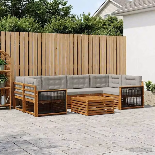 Set di divani da esterno a forma di U vidaXL in legno di acacia con tavolino e cuscini, beige e grigio – 1
