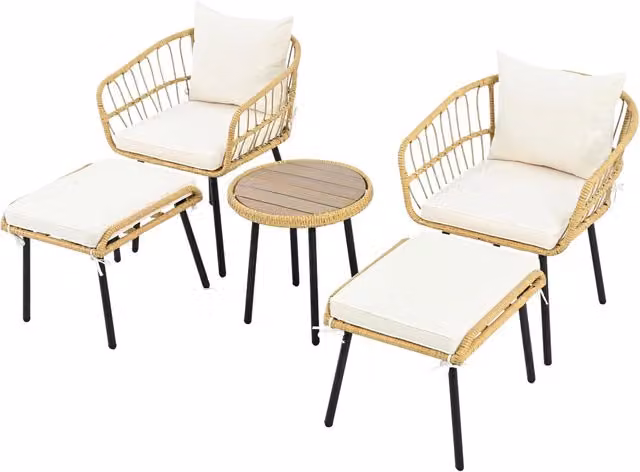 Set tavolo e sedie da giardino con 1 tavolo, 2 sedie e 2 sgabelli con cuscini, in rattan bianco e naturale