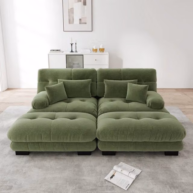 Divano modulare a 2 posti MIVRAY in tessuto verde con 2 pouf e cuscini decorativi per soggiorno