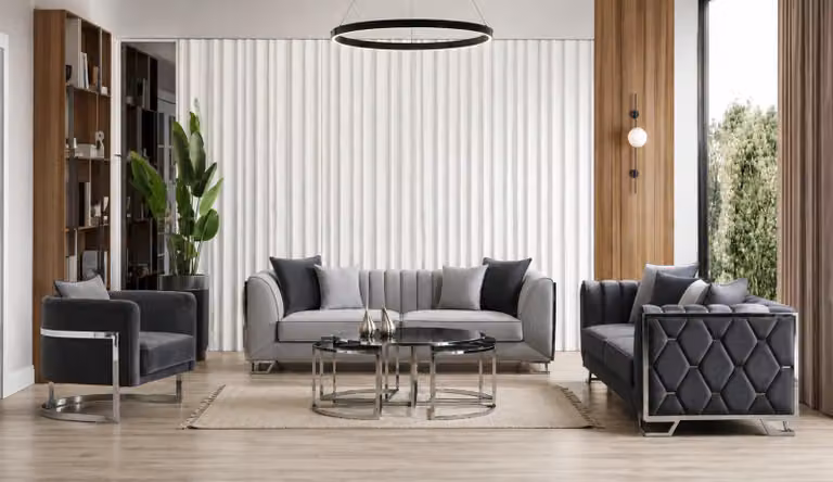 Divano beige, set da salotto con divano a 3 posti e poltrona, stile moderno, mobili di alta qualità