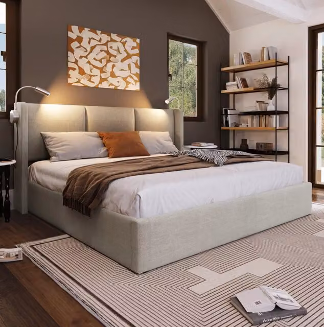 Letto matrimoniale imbottito con contenitore 140x200 cm in lino beige con testiera, luce da lettura e porta USB integrata
