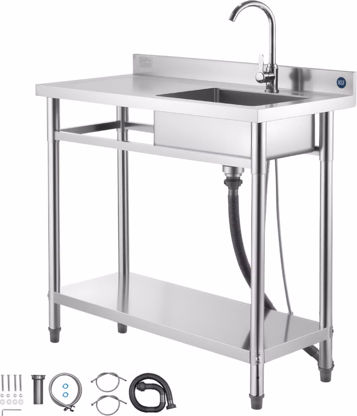 SucceBuy lavello in acciaio inox con vasca (100 x 50 x 94 cm), incluso rubinetto e ripiano, lavello da cucina per garage, ristorante o lavanderia, lavello da esterno con piano di lavoro a sinistra