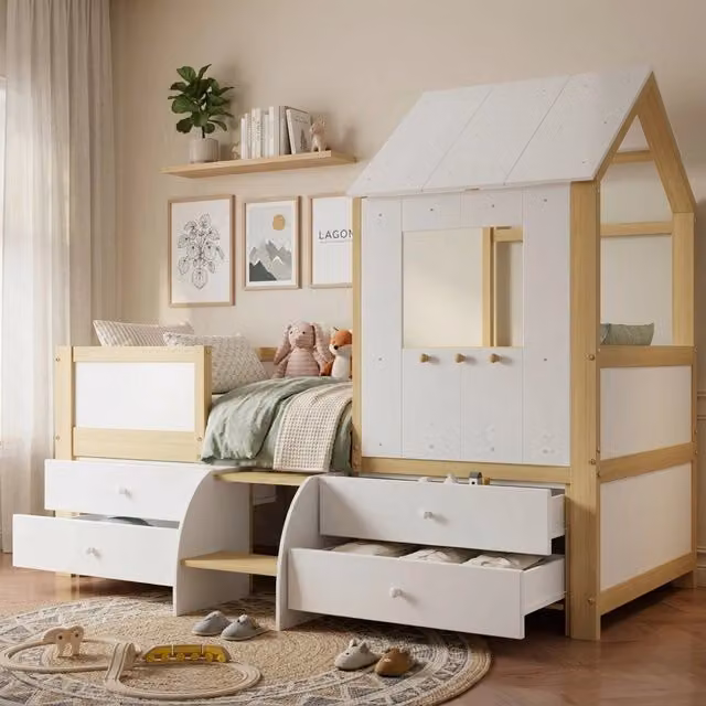 Letto casetta per bambini 90x200 cm con tetto; finestra; 4 cassetti e scaletta; bianco e legno naturale